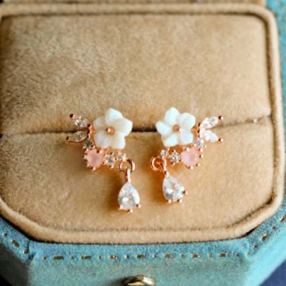 Sterling Silver Crystal Flower Earrings Delicate Minimal Floral Earrings Studs - Picture 3 of 8